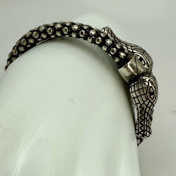 Vintage Silver-Tone Double Alligator Head Bracelet Bead Coil w Rhinestone Eyes - Picture 13 of 17
